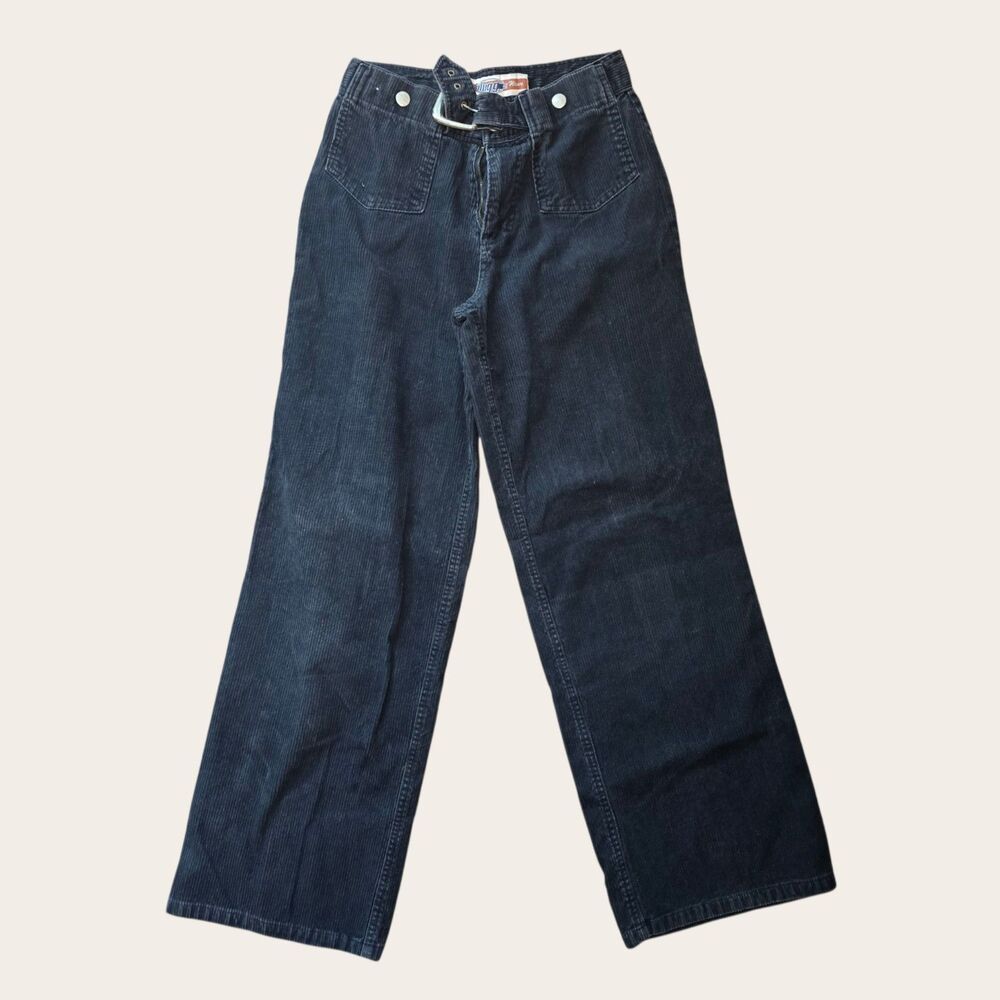 Vintage Plugg Corduroy Belted Pants Wide Leg High Rise Dark Blue Womens 26 1990s